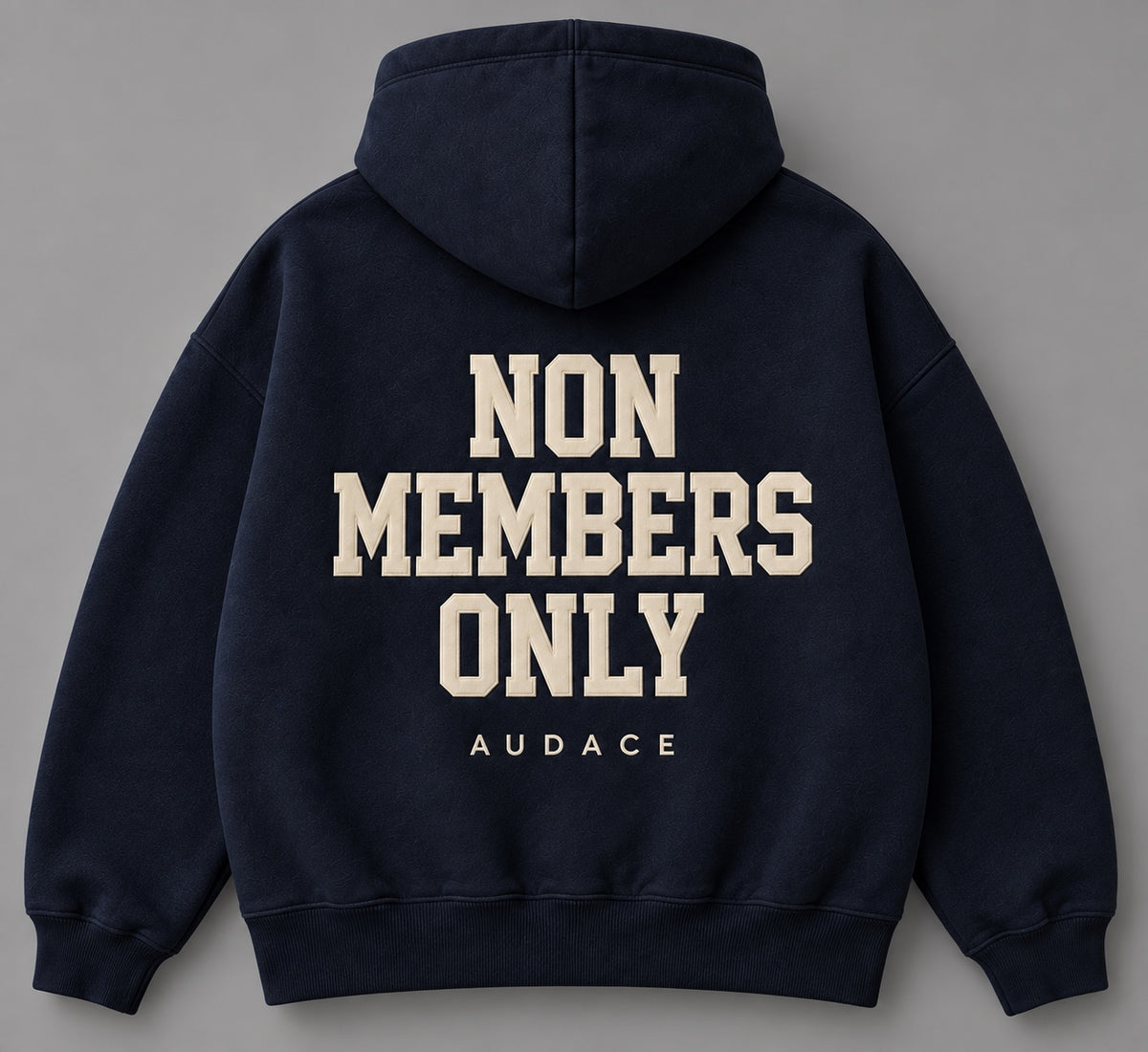 Deep navy hoodie back with Non Members Only lettering
